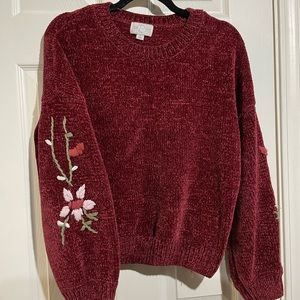 Jun & Ivy Red Velvet Floral Arm Sweater